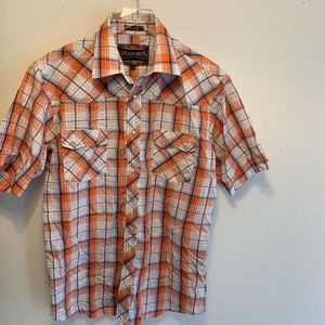 Los Altos Boots Western Wear Men’s L Short Sleeve Snap Button orange plaid Shirt